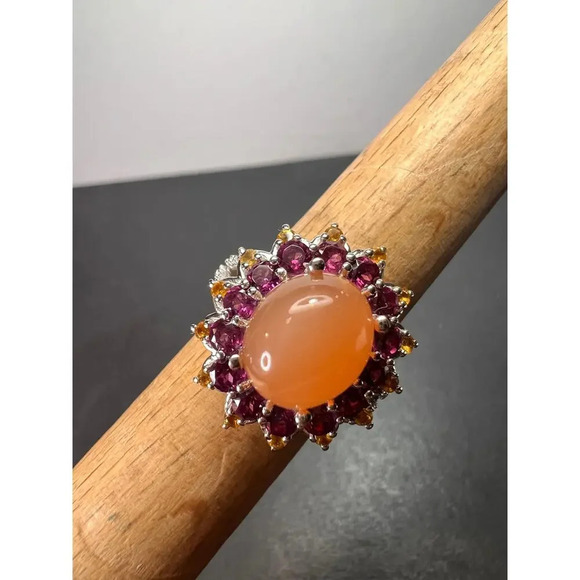 NEW Peach moonstone rhodolite garnet ring in sterling silver size 7 - Picture 2 of 16